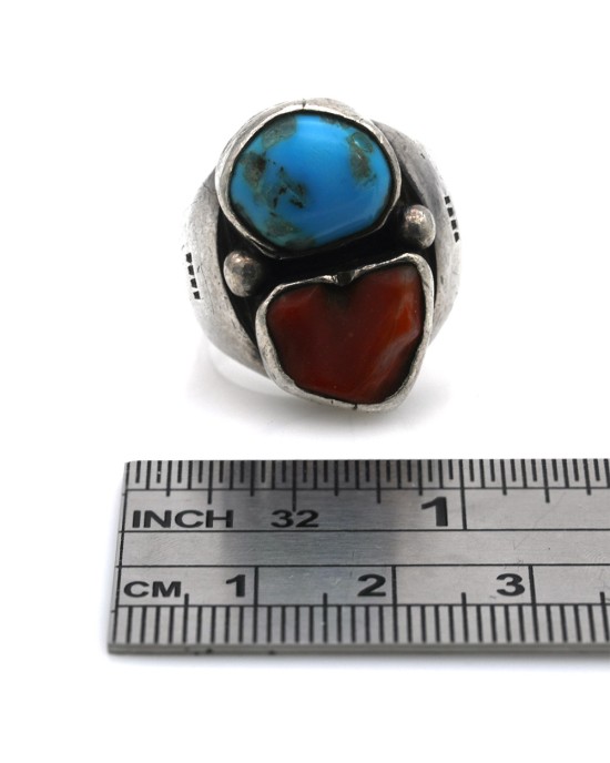 Navajo Sterling Silver Turquoise & Coral Ring